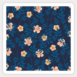 Blue leaf and florals on navy blue Sticker